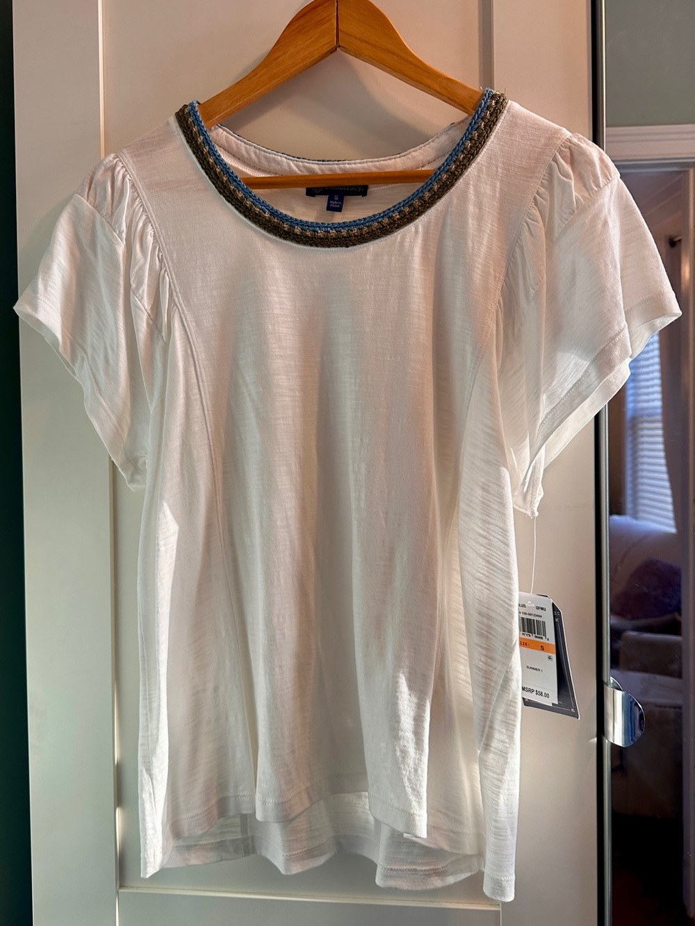 Democracy White Short Sleeve Tee with Beaded Neckline
